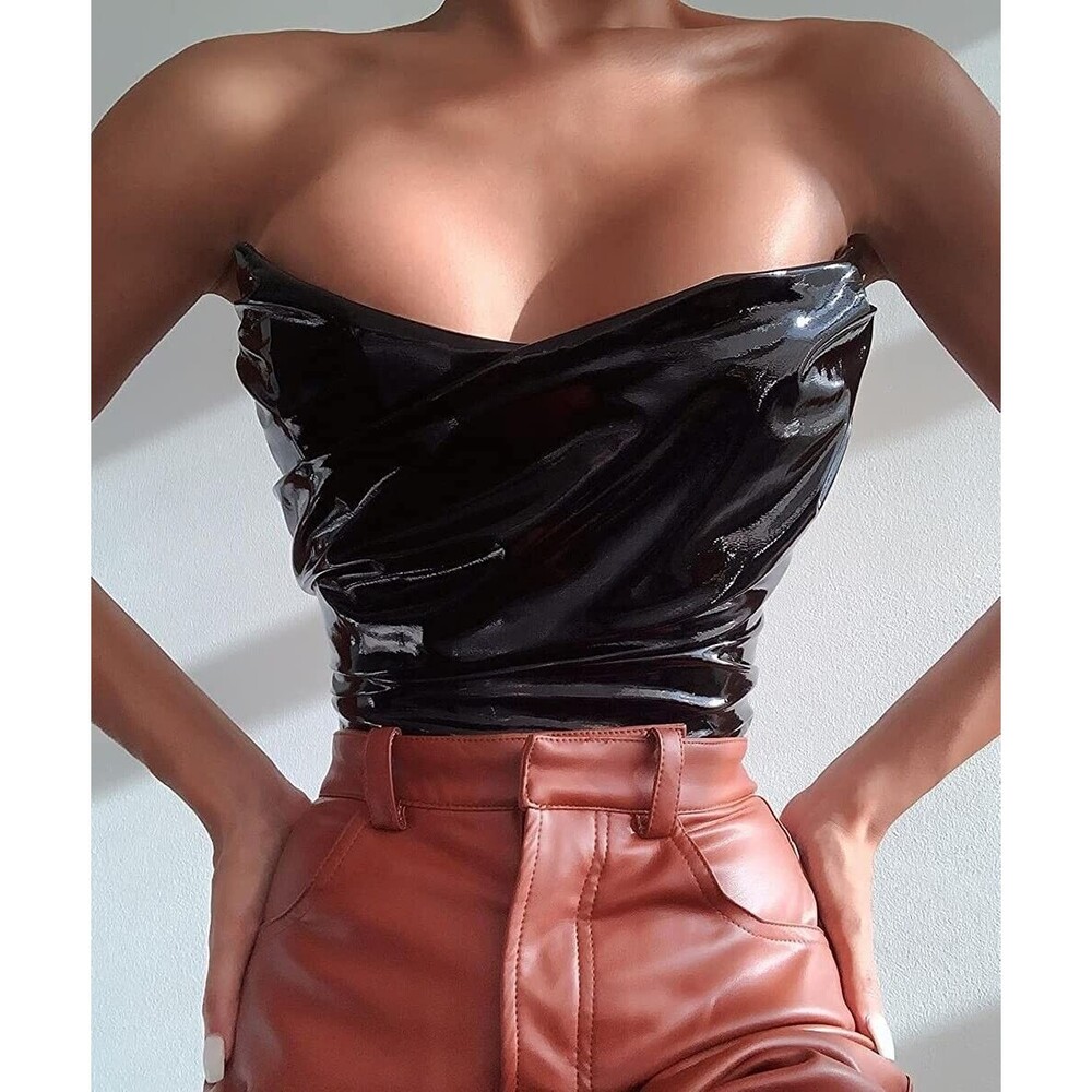 Black Patent PVC Bustier Corset Sexy Top‎ Club Party Bondage Goddess Punk Goth